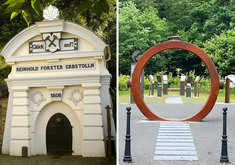 links: Reinhold Forster Erbstollen (Foto: Bob Ionescu) und rechts: EisenZeitReiseWeg Gerhardsseifen (Quelle: Ein Siegerländer Tal e.V.)